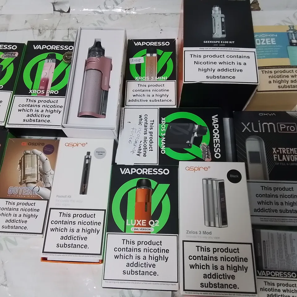 LOT OF ASSORTED E-CIGS AND PARTS TO INCLUDE VAPORESSO, GEEKVAPE AND ASPIRE