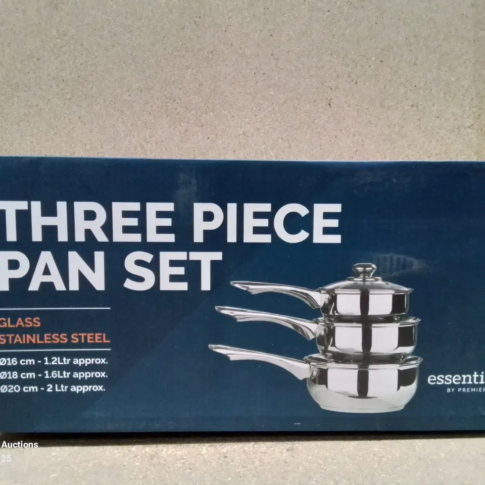 BOXED ESSENTIALS THREE PIECE PAN SET GLASS STAINLESS STEEL