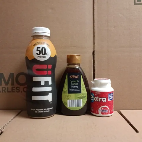 APPROXIMATELY 10 ASSORTED FOOD AND DRINK ITEMS TO INCLUDE UFIT, HONEY, ETC