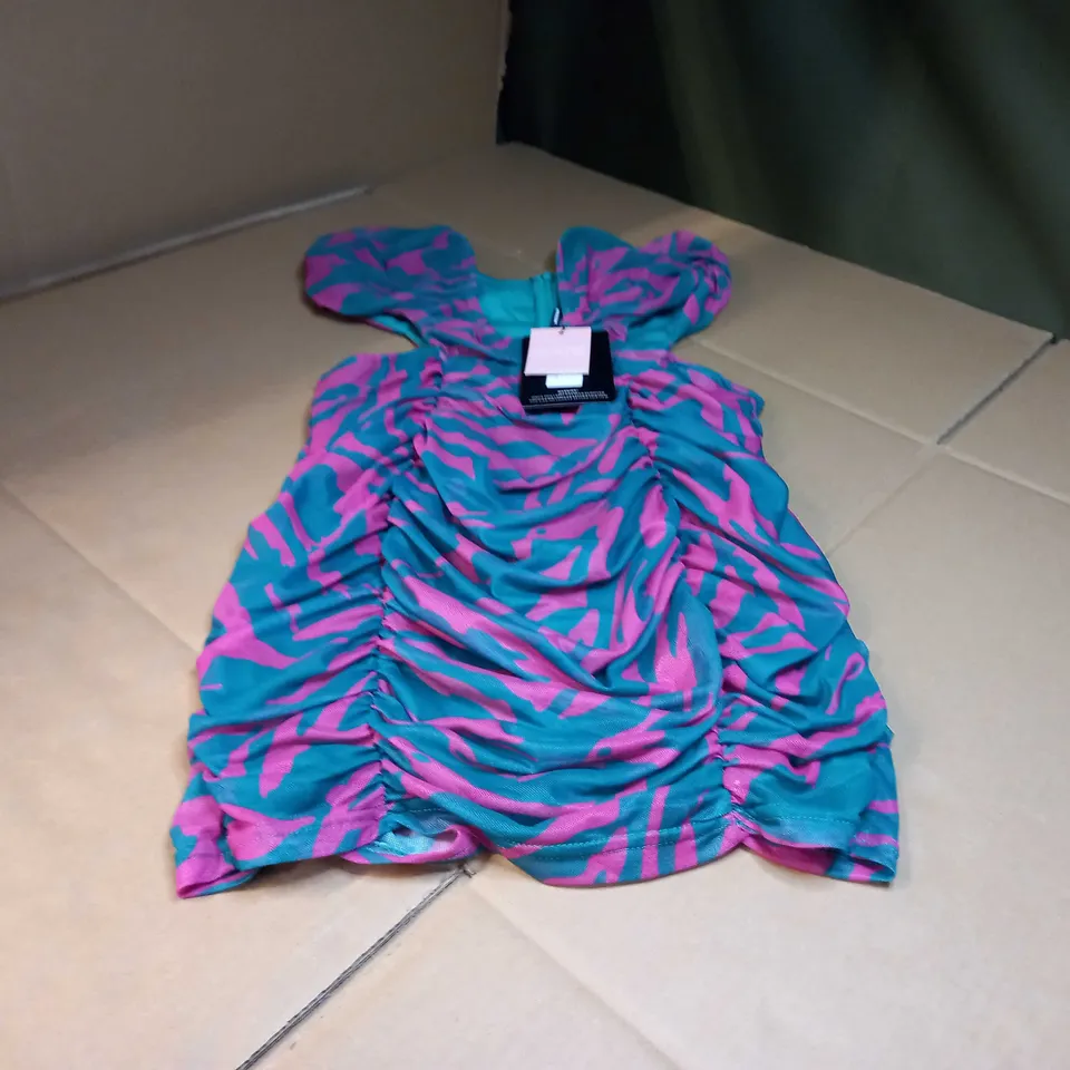 PRETTYLITTLETHING MULTI ZEBRA PRINT EXTEME V BAR CUT OUT BODYCON DRESS - SIZE 12