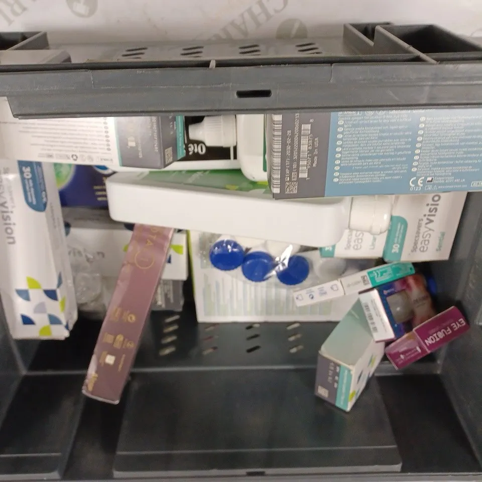 BOX TO CONTAIN APPROX. 25 X ASSORTED VISION CARE PRODUCTS. INCLUDES CONTACT LENSES AND CONTACT LENSES CLEANER. BRANDS VARY - COLLECTION ONLY