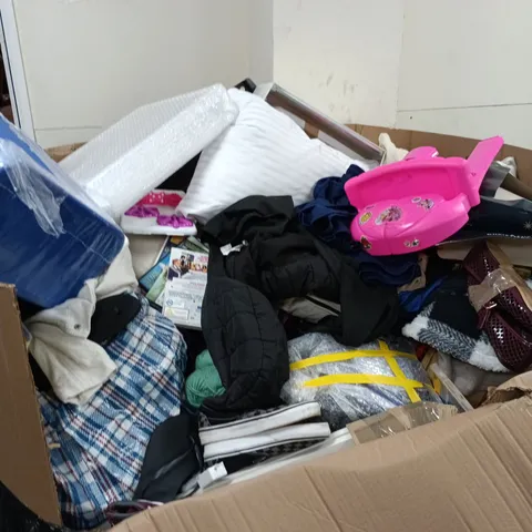 PALLET OF A LARGE QUANTITY OF ASSORTED ITEMS INCLUDING VARIOUS DVDS , COOL BOX AND VARIOUS CLOTHING ITEMS