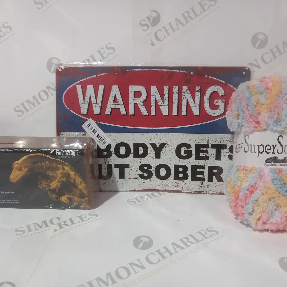 BOX OF APPROXIMATELY 15 ASSORTED HOUSEHOLD ITEMS TO INCLUDE SUPER SOFT PASTEL MULTICOLOUR KNITTING YARN, WARNING NOBODY GETS OUT SOBER SIGN, HABISTAT COIR BLOCK, ETC
