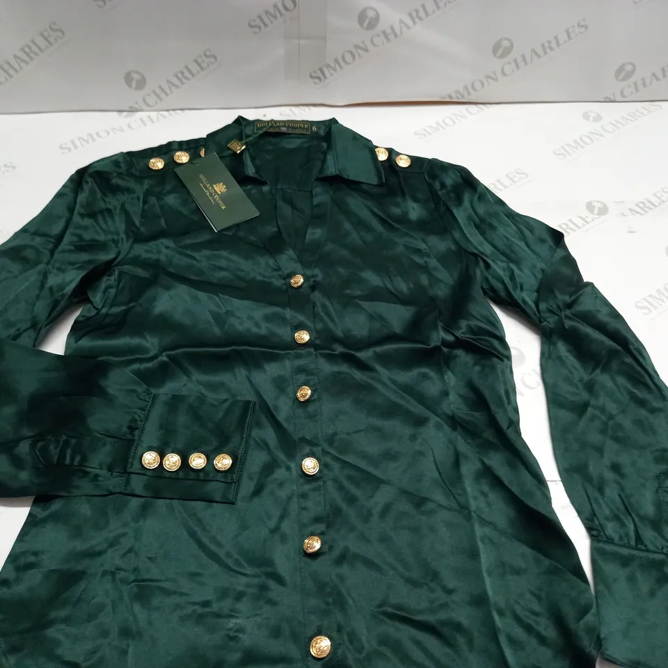 HOLLAND COOPER GREEN SILK V-NECK BLOUSE - 6