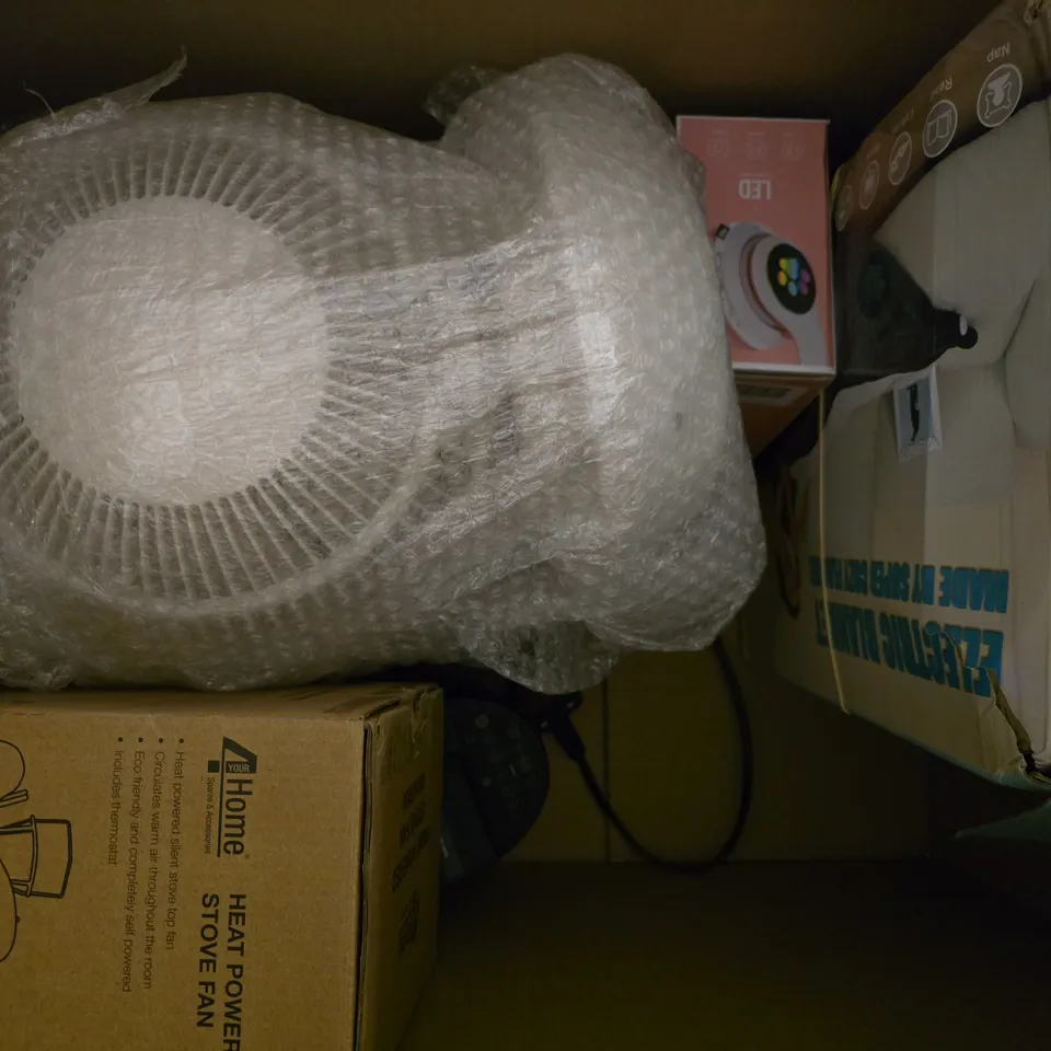 BOX OF APPROXIMATELY 5 ASSORTED HOUSEHOLD ITEMS TO INCLUDE HEAT POWERED STOVE FAN, ELECTRIC BLANKET, ETC
