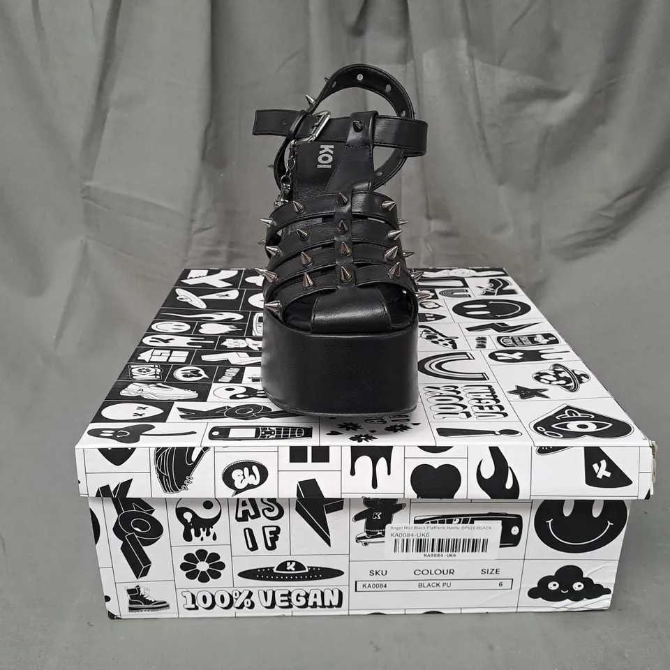 BOXED PAIR OF KOI VEGAN ANGEL MIST PLATFORM HEELS IN BLACK UK SIZE 6