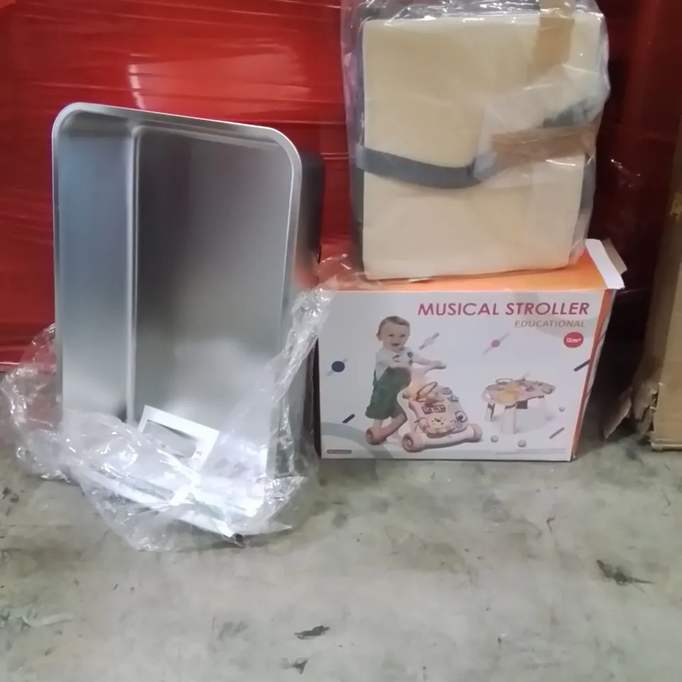 PALLET OF ASSORTED HOUSEHOLD GOODS AND PRODUCTS TO INCLUDE;MUSICAL STROLLER,CAT LITTER TRAY,MEMORY FOAM CUSHION 