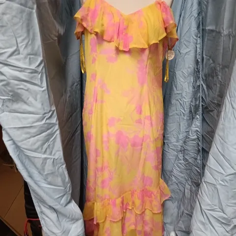 CHI CHI LONDON OFF-SHOULDER MIDI DRESS IN YELLOW WITH PINK TIE-DYE – UK 14