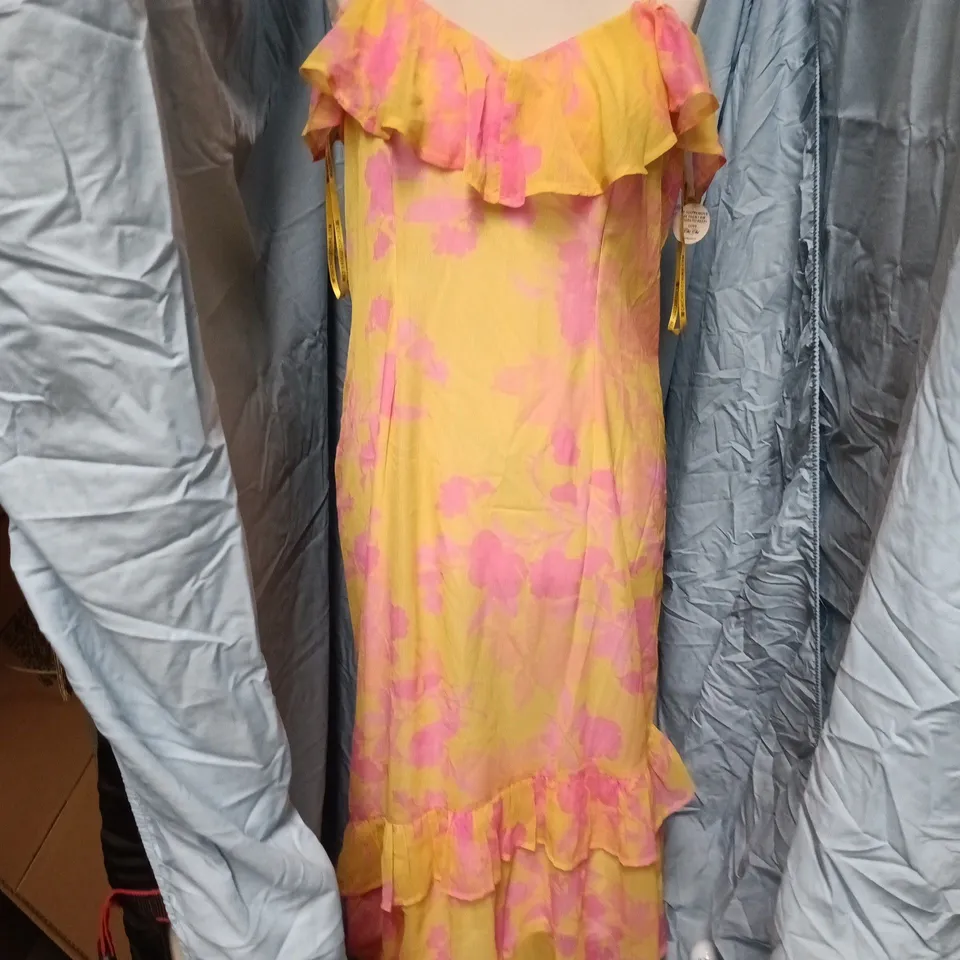 CHI CHI LONDON OFF-SHOULDER MIDI DRESS IN YELLOW WITH PINK TIE-DYE – UK 14