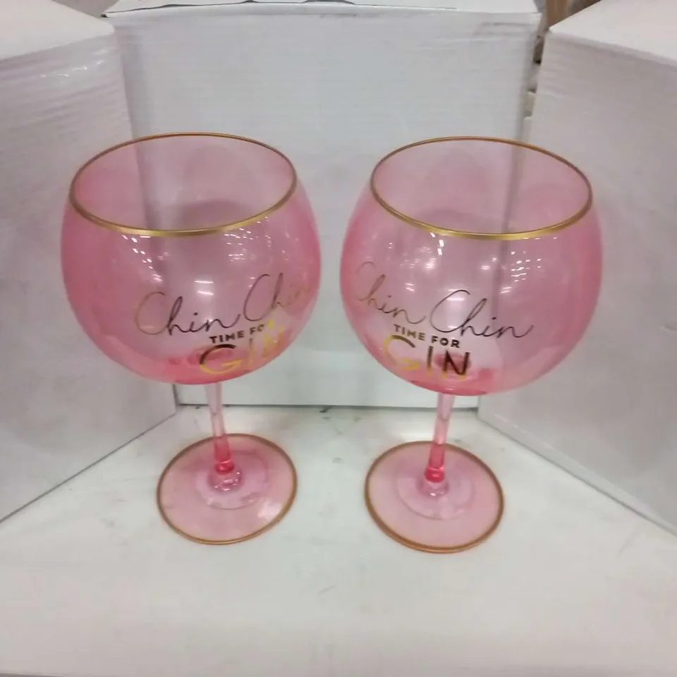 PALLET OF APPROXIMATELY 12 BOXES OF 24  BRAND NEW PINK 'CHIN CHIN TIME FOR GIN' GLASSES(APPROXIMATELY 288 GLASSES IN TOTAL)