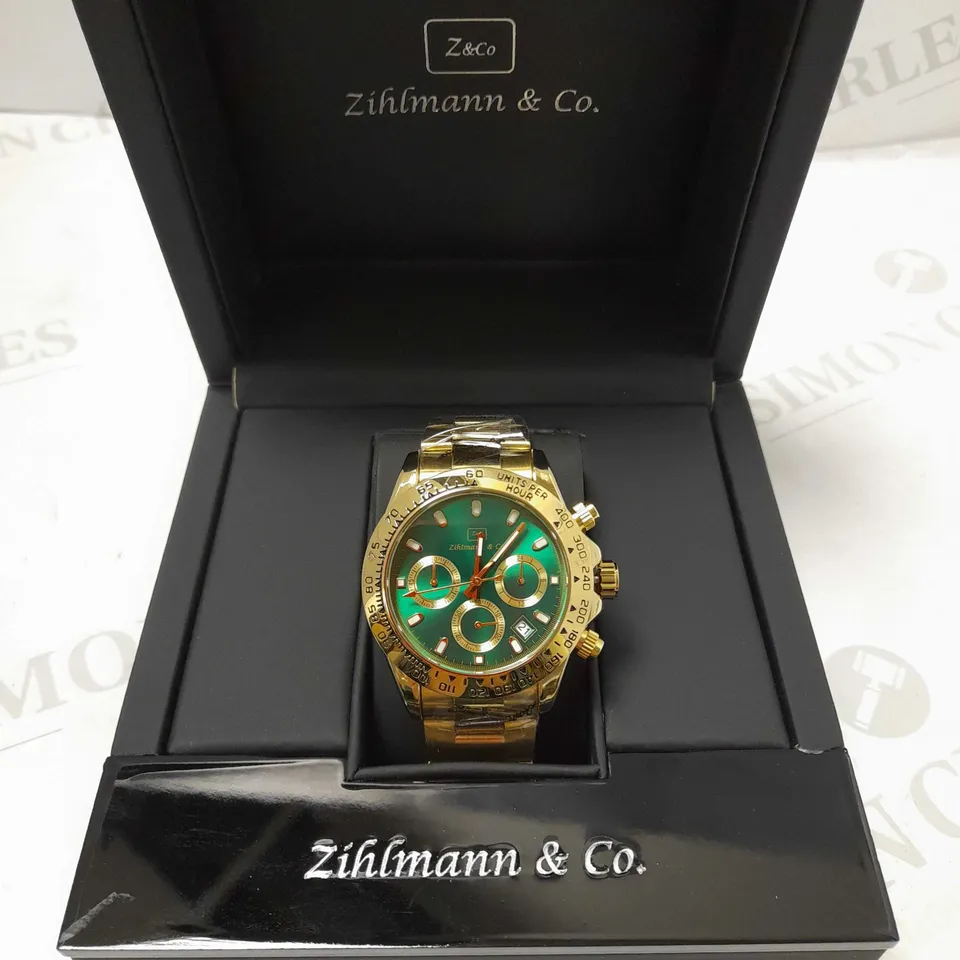 ZIHLMANN & CO GREEN TRIPLE DIAL GOLD EFFECT STRAP WRISTWATCH