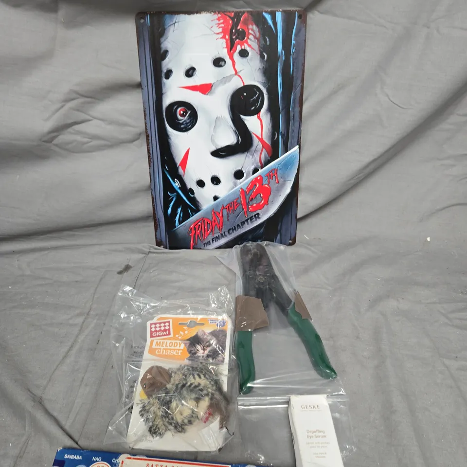 APPROXIMATELY 15 ASSORTED HOUSEHOLD ITEMS TO INCLUDE FRIDAY THE 13TH PLAQUE, CAT TOY MELODY CHASER AND GESKE EYE SERUM