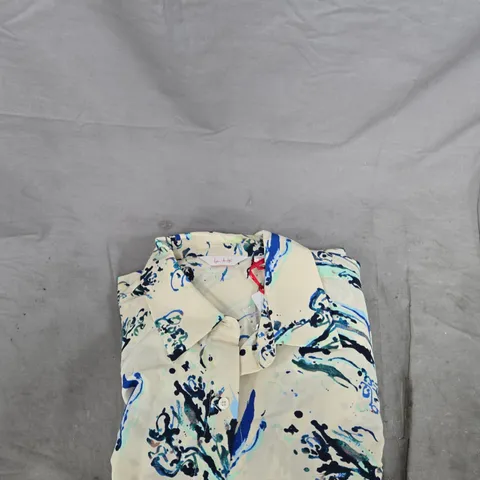 BEN DI LISI UK 16 WOMEN'S ABSTRACT-PRINT BLOUSE β CREAM BASE WITH BLUE/GREEN ACCENTS