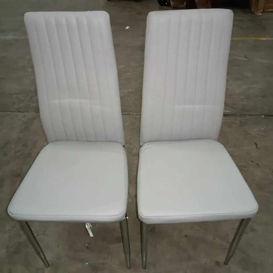 PAIR OF GREY FAUX LEATHER DINING CHAIRS ON CHROME LEGS