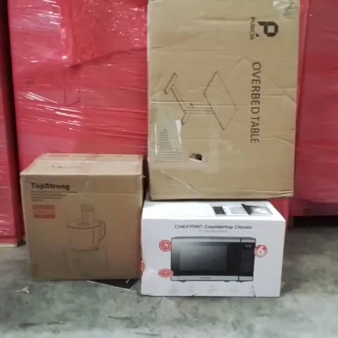 PALLET OF ASSORTED HOUSEHOLD GOODS AND PRODUCTS TO INCLUDE;MULTIFUNCTIONAL FOOD PROCESSOR,MICROWAVE,OVERBED TABLE