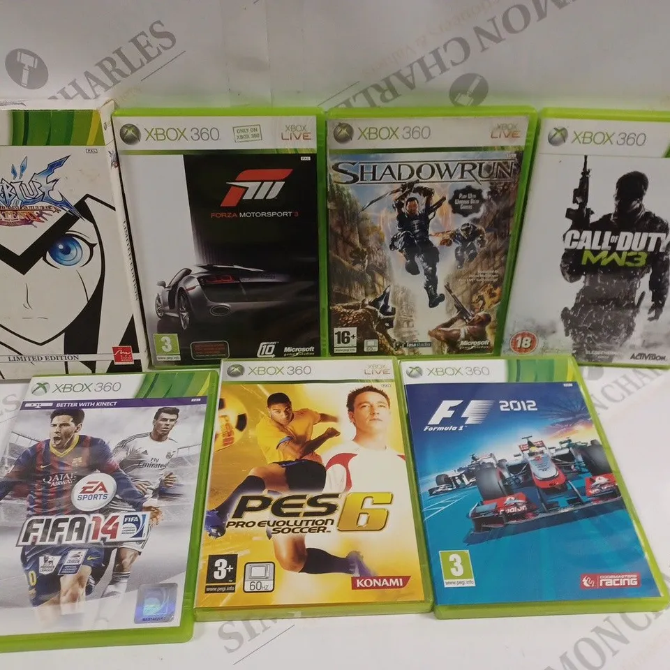 APPROXIMATELY 15 ASSORTED XBOX 360 VIDEO GAMES TO INCLUDE SHADOWRUN, F1 2012, FORZA MOTORSPORT 3 ETC 