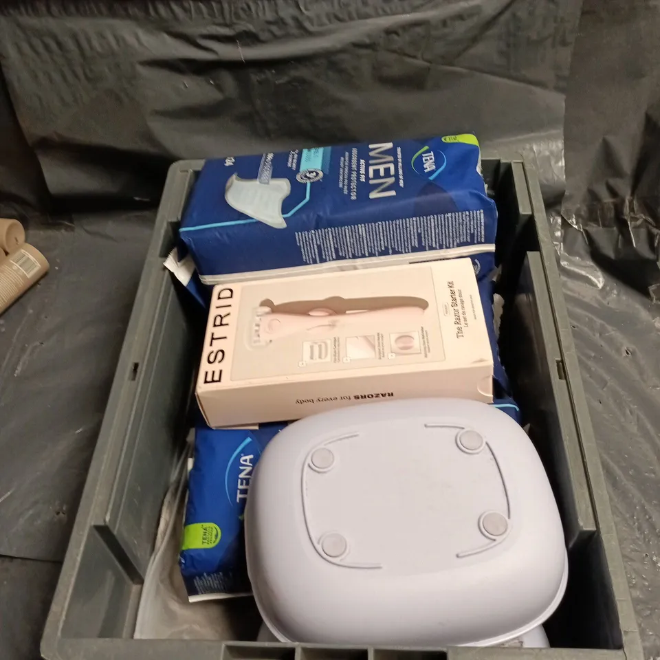 BOX OF APPROXIMATELY 10 ASSORTED COSMETIC ITEMS INCLUDING TENA MEN (24 PACK) AND ESTRID RAZOR STARTER KIT