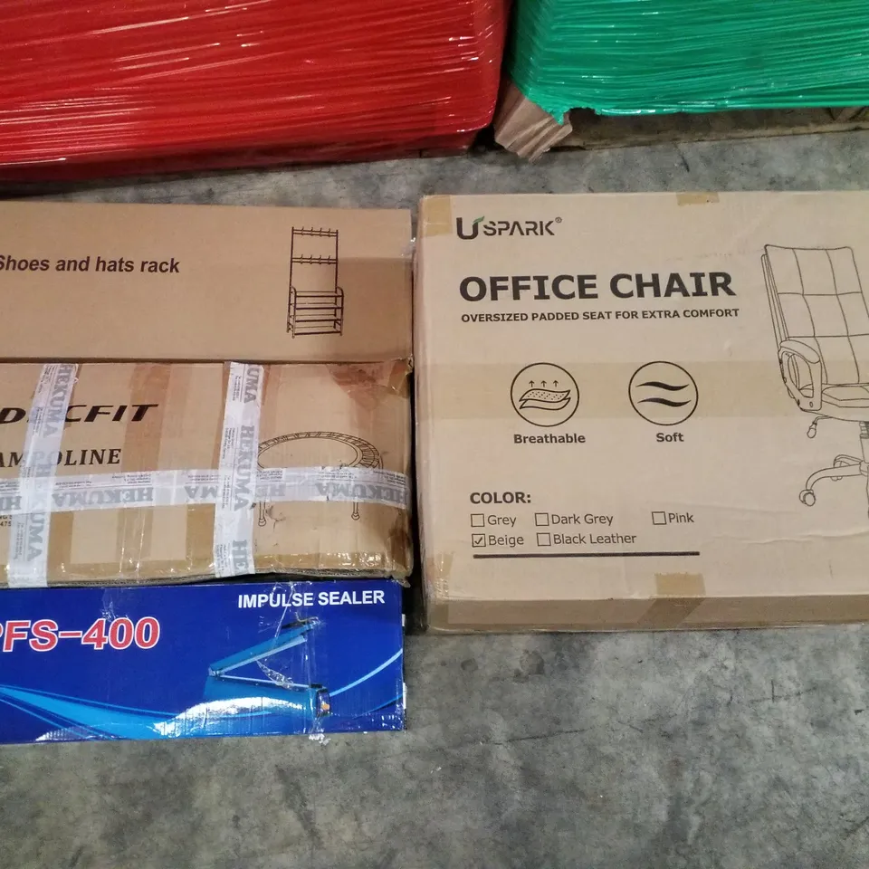 PALLET CONTAINING ASSORTED PRODUCTS TO INCLUDE OFFICE CHAIR, IMPULSE SEALER, PRO TRAMPOLINE, SHOE & HAT RACK