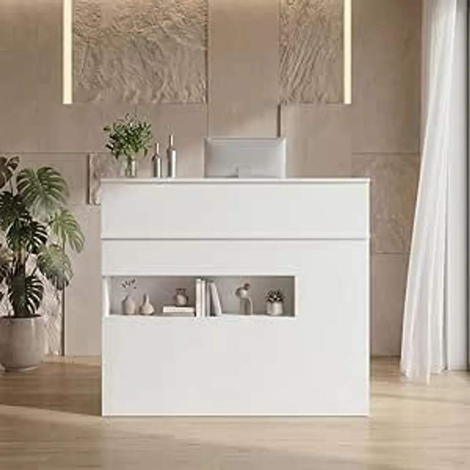 BOXED DEZAGC RECEPTION DESK 120CM WHITE, FRONT COUNTER WITH LOCKABLE DRAWER & KEYBOARD TRAY (2 BOXES)