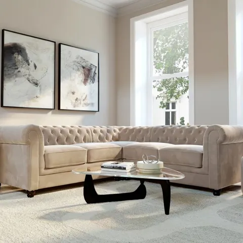 BOXED HAMPTON CHAMPAGNE VELVET CHESTERFIELD CORNER SOFA // ALL CUSHIONS MISSING, BASE ONLY (3 BOXES)