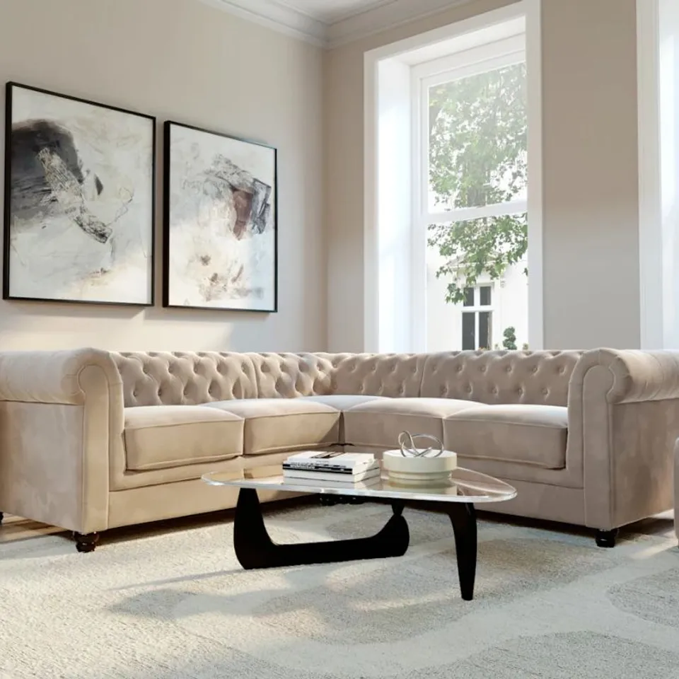 BOXED HAMPTON CHAMPAGNE VELVET CHESTERFIELD CORNER SOFA // ALL CUSHIONS MISSING, BASE ONLY (3 BOXES)