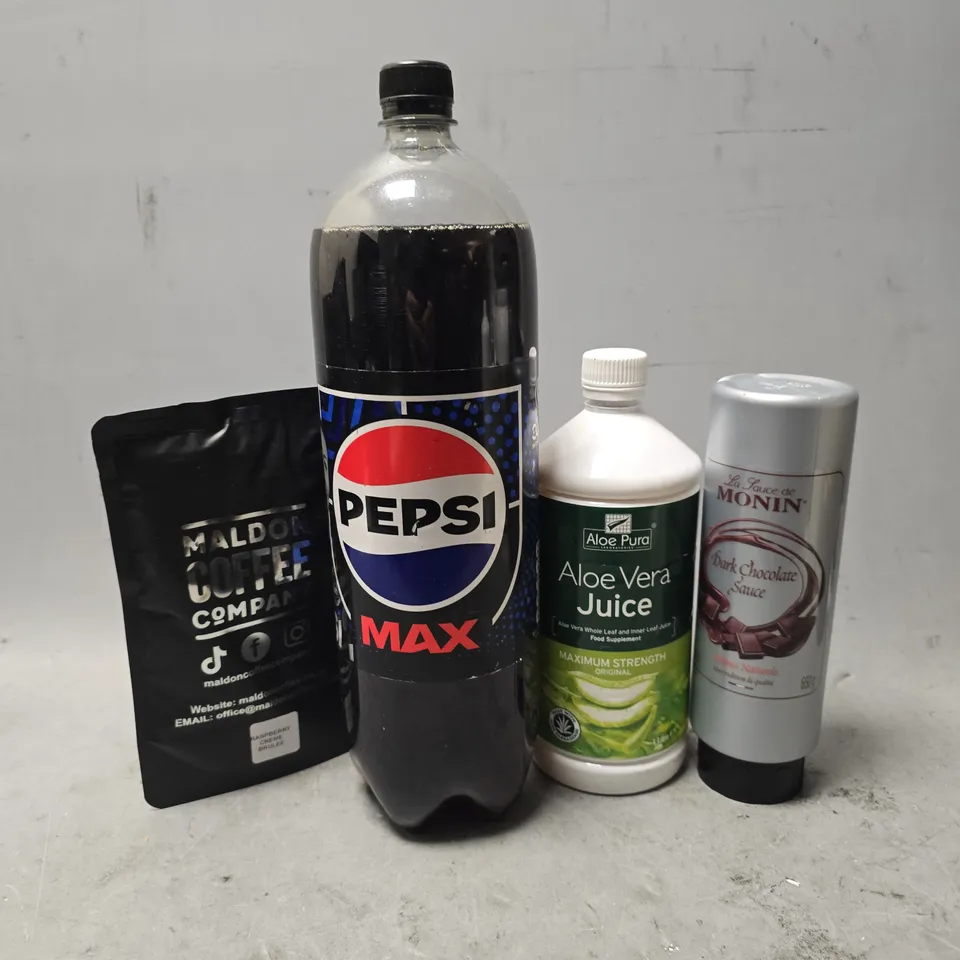 APPROXIMATELY 9 ASSORTED FOOD & DRINK ITEMS TO INCLUDE - PEPSI MAX , ALOE PURA ALOE VERA JUICE , MONIN DARK CHOCOLATE SAUCE ETC