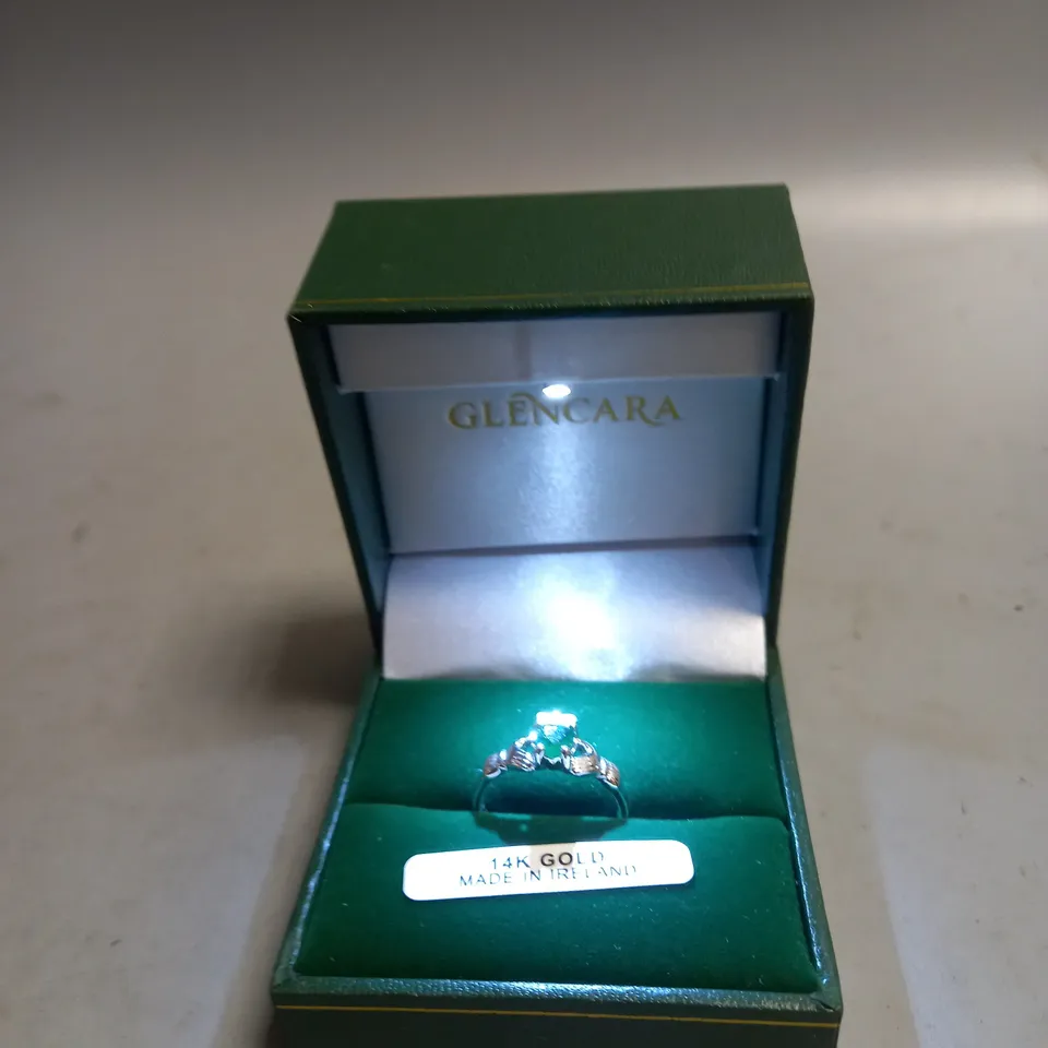 BOXED GLENCARA WHITE 14K GOLD CLADDAGH RING IN EMERALD