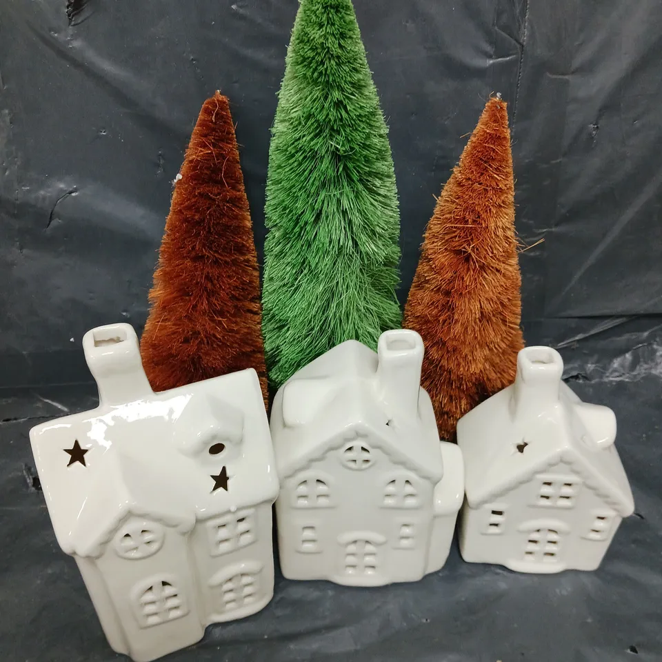 SET 3 LIGHT UP HOUSES WITH BOTTLEBRUSH TREES