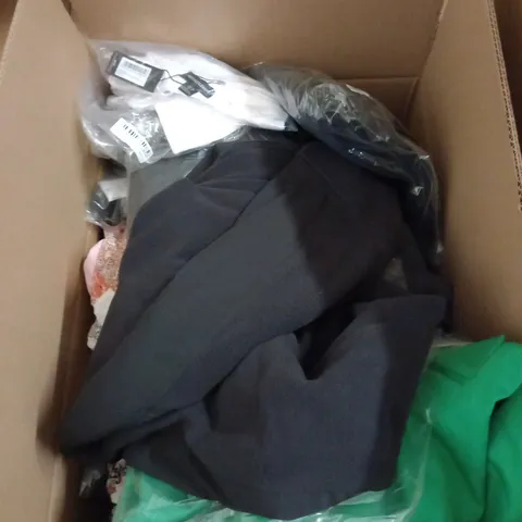 BOX OF ASSORTED CLOTHING ITEMS TOO INCLUDE JUMPERS, SHIRTS AND TROUSERS IN VARIOUS SIZES AND COLOURS