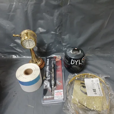BOX OF APPROXIMATELY 20 ASSORTED HOUSEHOLD ITEMS TO INCLUDE BIRTHDAY SASH AND TIARA, FABRIC DYE AND DRILL BITS