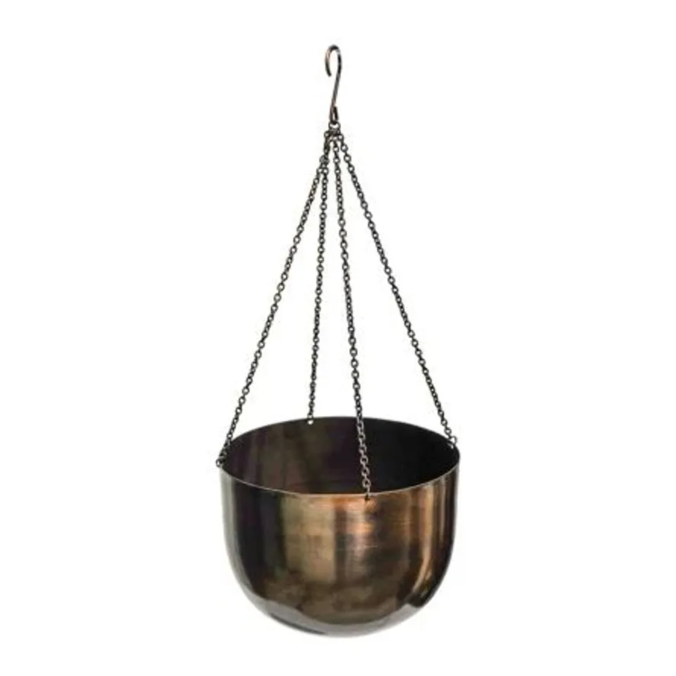 BOXED INDOOR MAYFAIR ANTIQUE BRASS HANGING PLANTER H16cm, D21cm