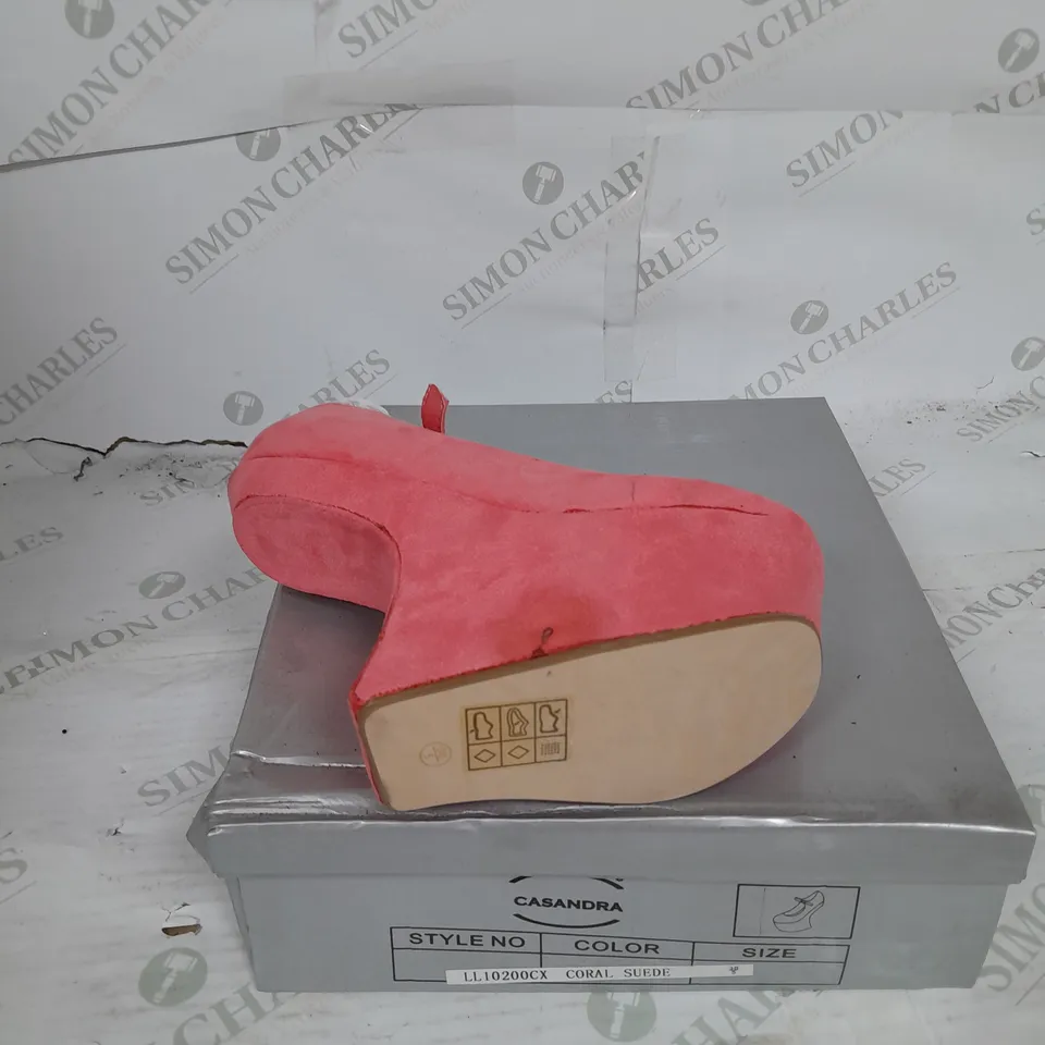 BOXED PAIR OF CASANDRA PLATFORM STRAP SHOE IN CORAL SUEDE SIZE 5