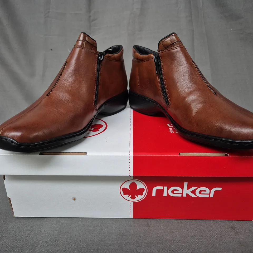 BOXED PAIR OF RIEKER SIDE-ZIP SHOES IN BROWN UK SIZE 5