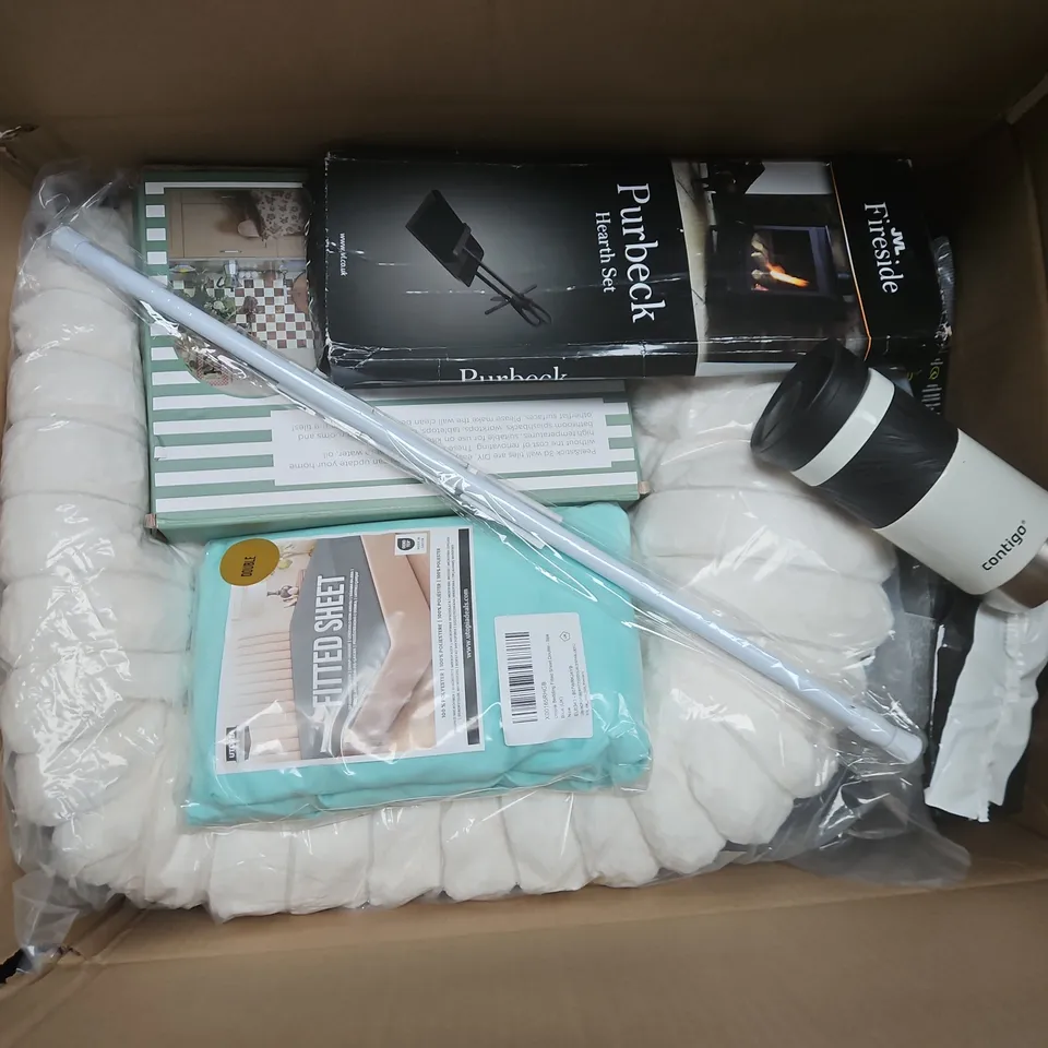 APPROXIMATELY 15 ASSORTED HOUSEHOLD PRODUCTS TO INCLUDE PURBECK HEARTH SET, PEEL & STICK WALL TILES, FITTED SHEET, ETC - COLLECTION ONLY