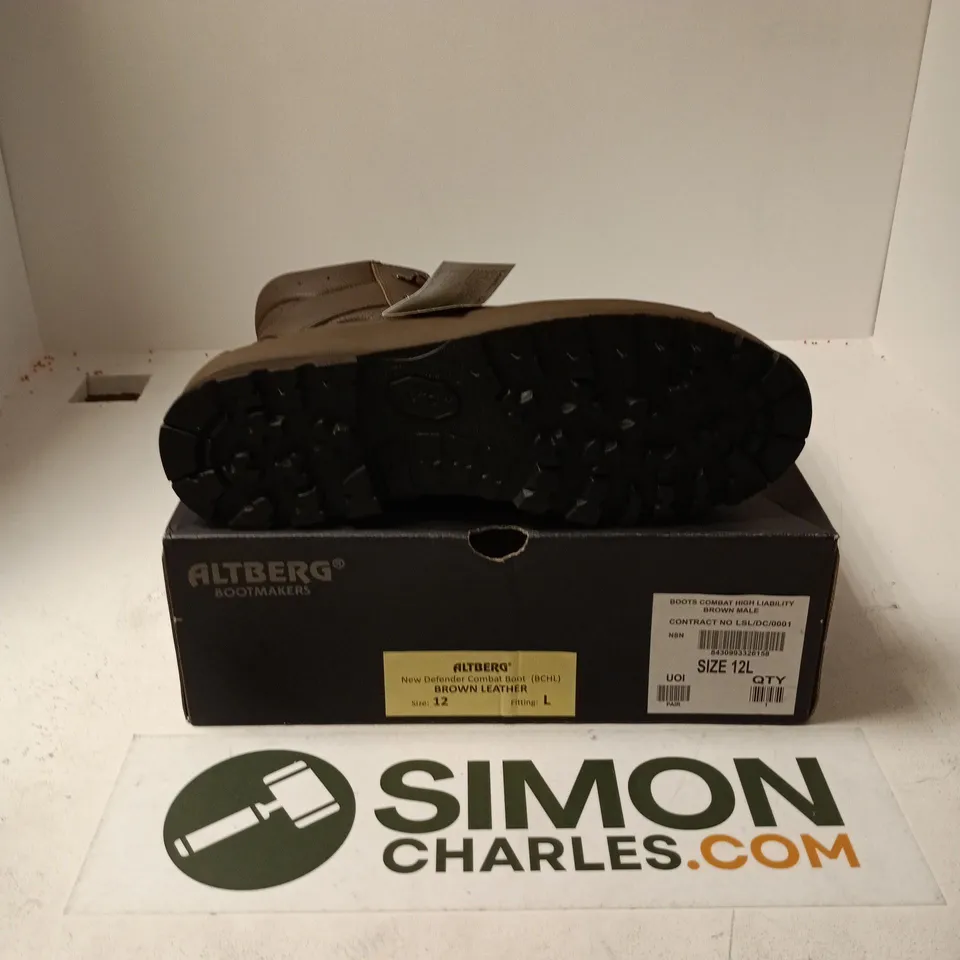 BOXED PAIR OF ALTBERG COMBAT DEFENDER BOOTS IN BROWN - SIZE 12