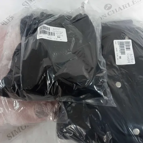 BOX OF APPROX. 6 ITEMS OF CLOTHING TO INCLUDE - D&C BLACK JACKET - TEXT JUMPER - ROSE VELVET PJ SET