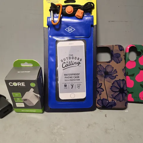 TOTE OF APPROXIMATELY 18 ASSORTED ITEMS TO INCLUDE - MOBILE PHONE CASES , WATERPROOF PHONE CASE , CORE 18W WALL CHARGER ETC
