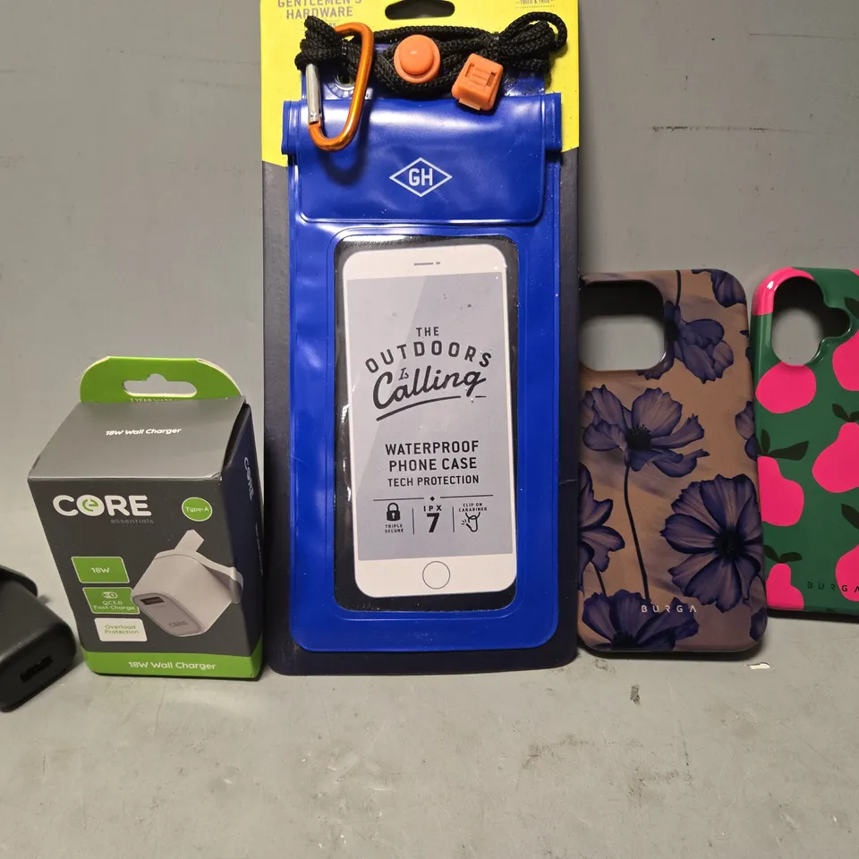 TOTE OF APPROXIMATELY 18 ASSORTED ITEMS TO INCLUDE - MOBILE PHONE CASES , WATERPROOF PHONE CASE , CORE 18W WALL CHARGER ETC
