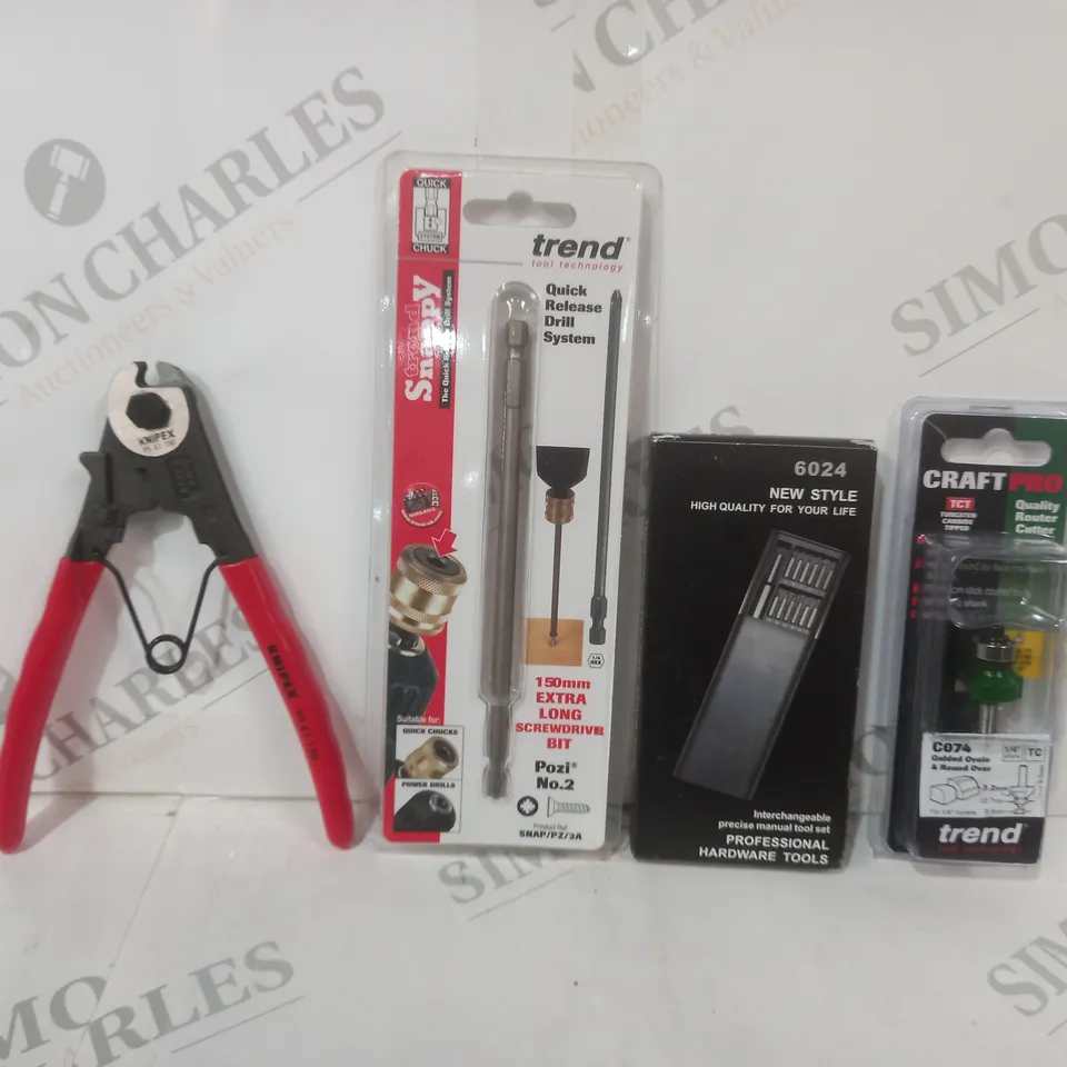 APPROXIMATELY 20 ASSORTED HOUSEHOLD ITEMS TO INCLUDE CRAFT PRO QUALITY ROUTER CUTTER, PROFESSIONAL HARDWARE TOOLS, TREND EXTRA LONG SCREWDRIVER BIT, ETC