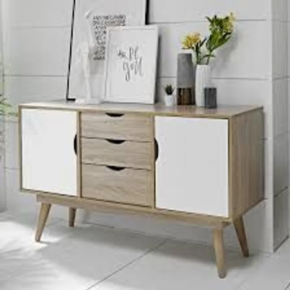 BOXED SCANDI OAK 2 DOOR SIDEBOARD - OAK & WHITE (2 BOXES)
