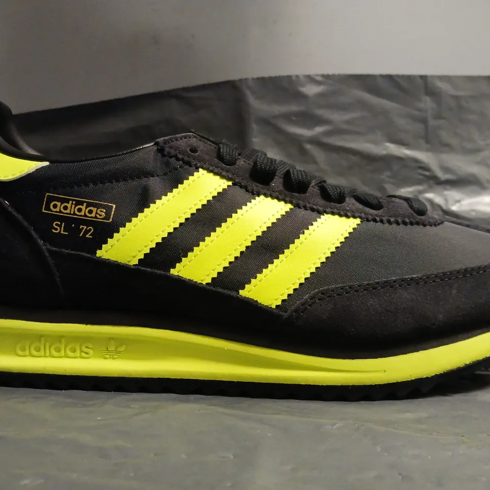 BOXED PAIR OF ADIDAS SL 72 RS SHOES IN BLACK/LIME UK SIZE 7