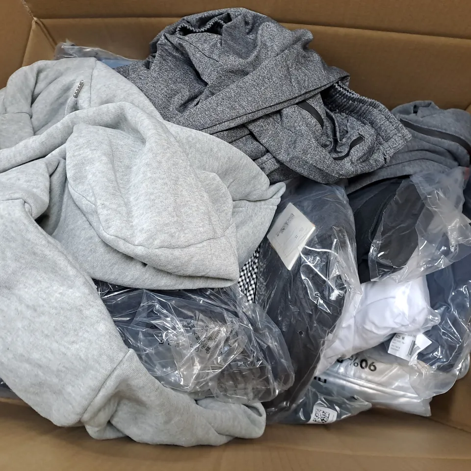 BOX OF APPROXIMATELY 20 ASSORTED CLOTHING ITEMS TO INCUDE - JACKET, JUMPERS , T-SHIRTS , TROUSERS,ECT 