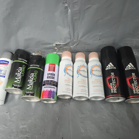 APPROXIMATELY 15 ASSORTED AEROSOLS TO INCLUDE BODY SPRAY, UNDERTONE SPRAY, AND SNEAKER PROTECTOR ETC. 