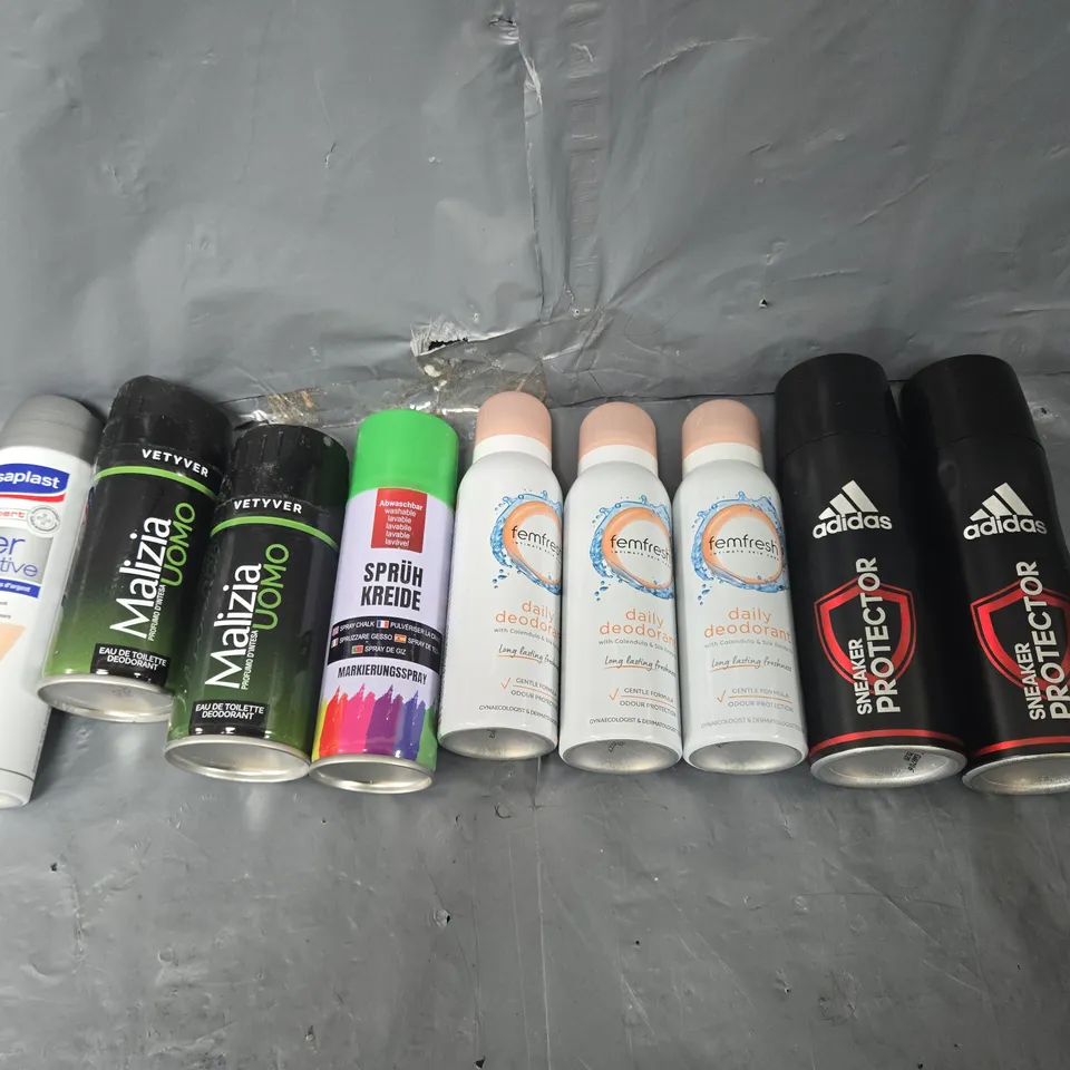 APPROXIMATELY 15 ASSORTED AEROSOLS TO INCLUDE BODY SPRAY, UNDERTONE SPRAY, AND SNEAKER PROTECTOR ETC. 