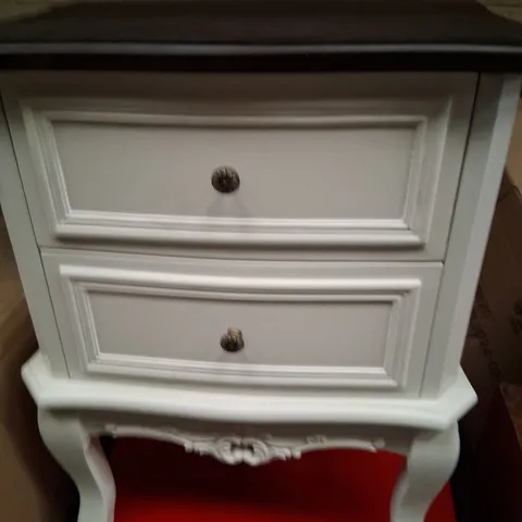 DESIGNER TWO DRAWER ANTIQUE WHITE WITH MAHOGANY EFFECT TOP BEDSIDE CHEST