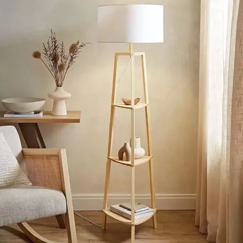 BOXED HIRU NATURAL WOOD TRIPOD FLOOR LAMP WITH 3 SHELVES WITH BEIGE SHADE