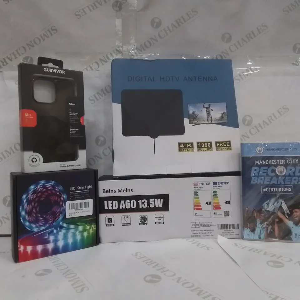 BOX OF ASSORTED ELECTRICAL GOODS TO INCLUDE; LED STRIP LIGHT, DIGITAL HD TV ANTENNA, MAN CITY RECORD BREAKERS DVD ETC