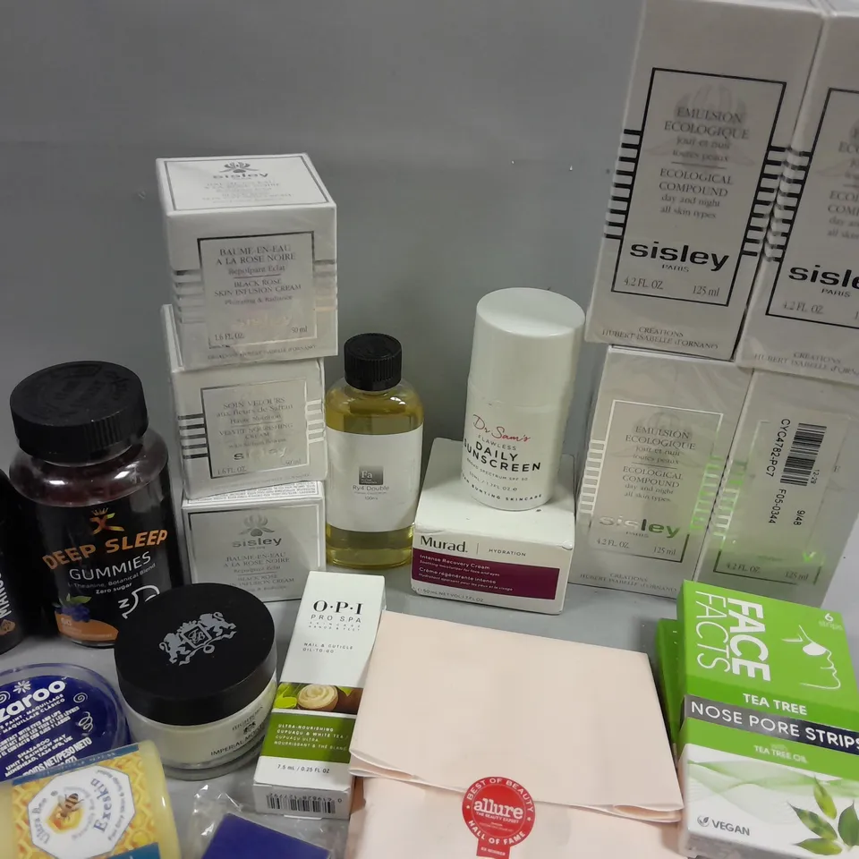 BOX OF APPROXIMATELY 15 COSMETIC ITEMS TO INCLUDE DEEP SLEEP GUMMIES, NOSE PORE STRIPS, DR SAMS SUNSCREEN, ETC