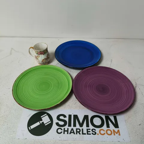 APPROX 10 ASSORTED POTTERY ITEMS TO INCLUDE PLATES, CUPS ETC...