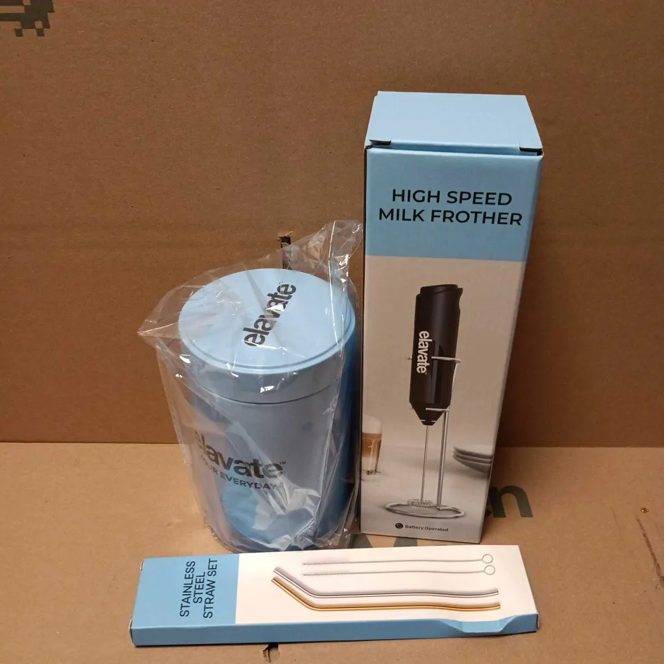 APPROXIMATELY 10 ASSORTED ELAVATE PRODUCTS TO INCLUDE HIGH SPEED MILK FROTHER, STAINLESS STEEL STRAW SET, STORAGE TUB